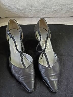 Salvatore Ferragamo Black Braided T-Strap Pointed Toe Pumps